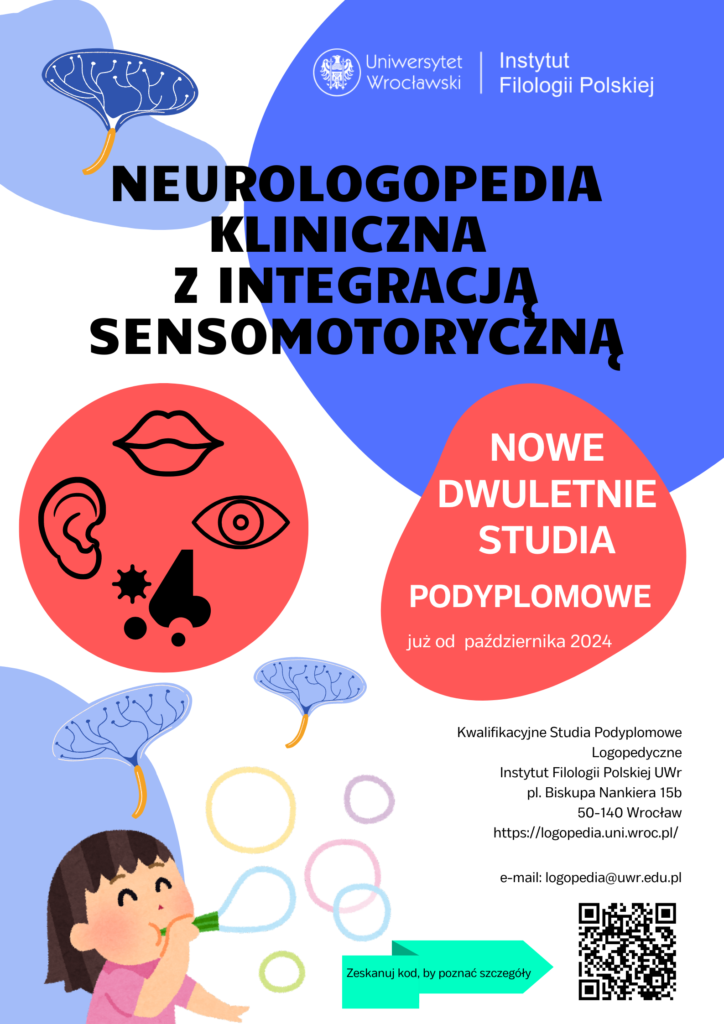 Plakat z 2024 informujący o kierunku Neurologopedia Kliniczna z Integracją Sensomotoryczną, nowe dwuletnie studia podyplomowe
